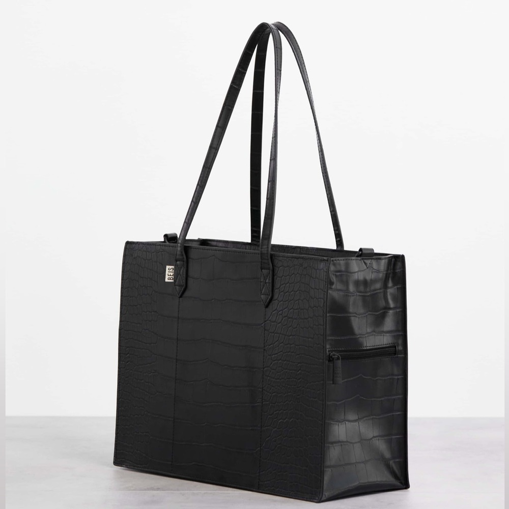 BEIS Black croc work tote